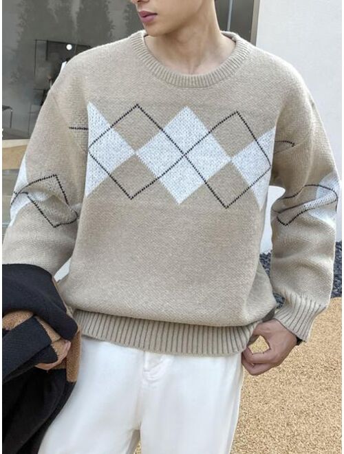Shein Men Argyle Pattern Drop Shoulder Sweater