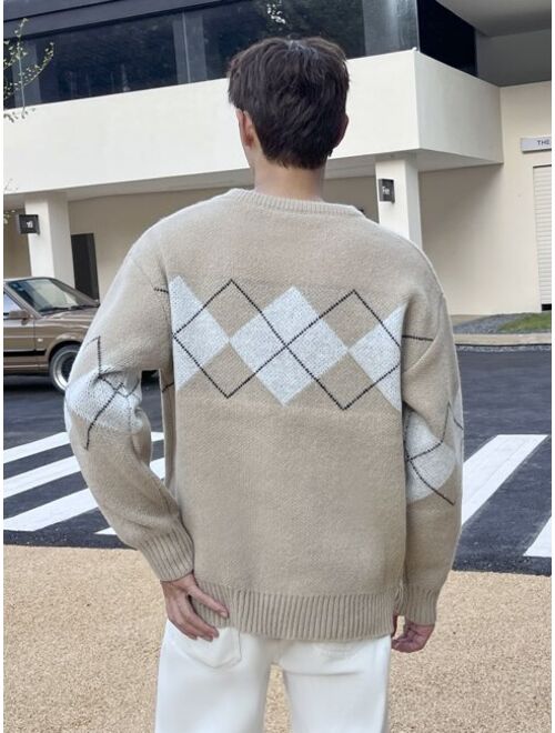 Shein Men Argyle Pattern Drop Shoulder Sweater