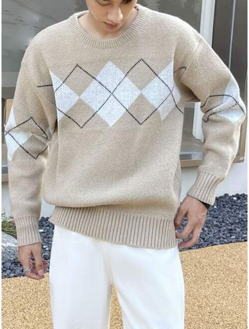 Shein Men Argyle Pattern Drop Shoulder Sweater