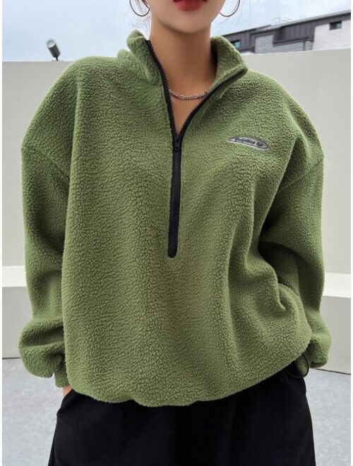 DAZY Patched Detail Drop Shoulder Half Zip Fleece Sweatshirt