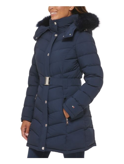 TOMMY HILFIGER Women's Belted Faux-Fur-Trim Hooded Puffer Coat, Created for Macy's