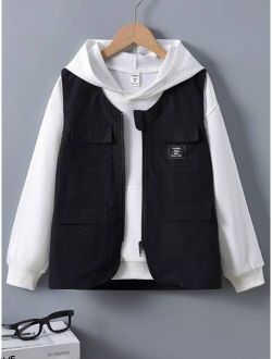Boys Letter Patched Flap Pocket Vest Jacket Without Hoodie
