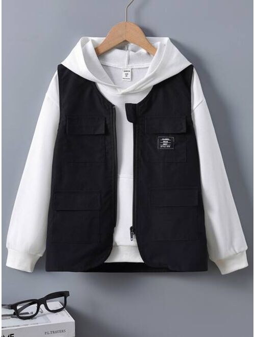 Shein Boys Letter Patched Flap Pocket Vest Jacket Without Hoodie