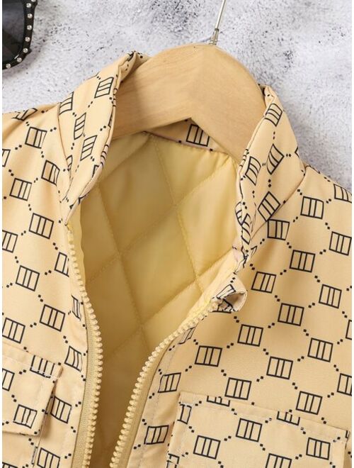 Shein Toddler Boys 1pc Geo Print Flap Pocket Zipper Vest Winter Coat