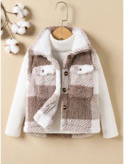 Toddler Boys Buffalo Plaid Pattern Flap Pocket Fleece Vest Jacket Without Sweater