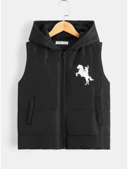 SHEIN Boys Figure Horse Print Hooded Puffer Vest Coat