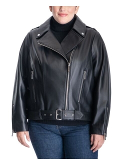 Plus Size Belted Leather Moto Jacket, Created for Macy's