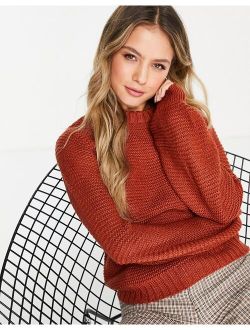 boxy crew neck sweater with balloon sleeve in brown
