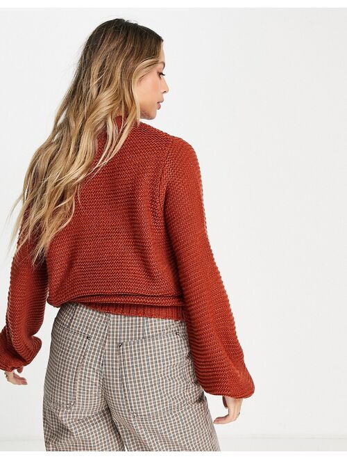 ASOS DESIGN boxy crew neck sweater with balloon sleeve in brown