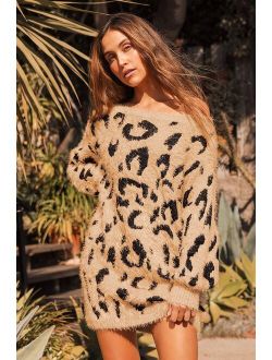Wild and Sweet Tan Leopard Print Off-the-Shoulder Sweater Dress