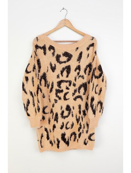 Lulus Wild and Sweet Tan Leopard Print Off-the-Shoulder Sweater Dress