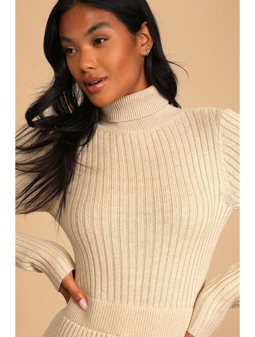 Lulus Snow Day Style Beige Ribbed Turtleneck Bodycon Sweater Dress