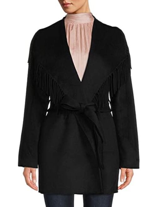 Tahari Frankie Fringe Collar Wool Blend Lightweight Coat Black