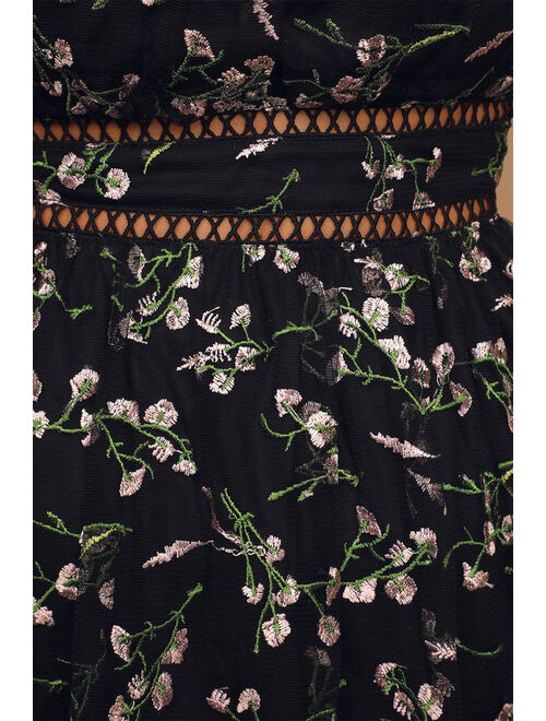 Lulus Radiant Love Black Floral Embroidered Short Sleeve Skater Dress