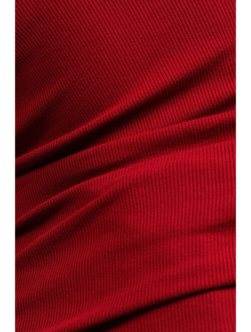 Lulus Flirty Little Secret Wine Red Ribbed Cutout Long Sleeve Top