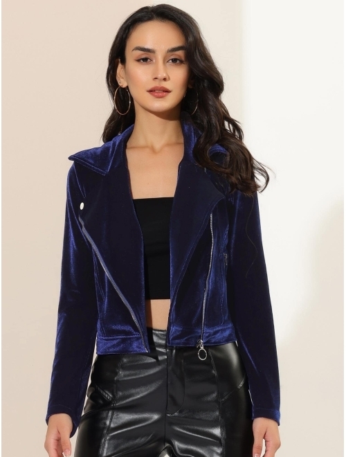 Allegra K Women's Velvet Lapel Collar Zipper Crop Moto Biker Jacket