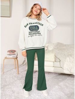 Teen Girls Letter Graphic Striped Trim Pullover & Flared Leg Pants