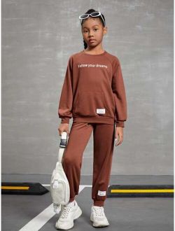 Girls Slogan Graphic Patched Detail Pullover & Sweatpants Set