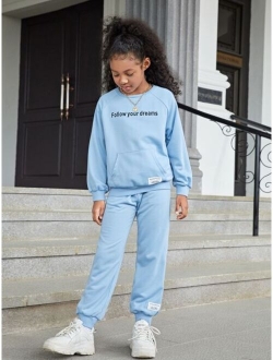 Girls Slogan Graphic Patched Detail Pullover & Sweatpants Set