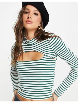 2 in 1 long sleeve ribbed top with cut out in green and ecru stripe
