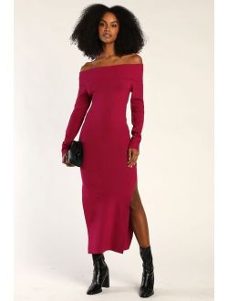 Good For Me Magenta Ribbed Off-The-Shoulder Maxi Sweater Dress