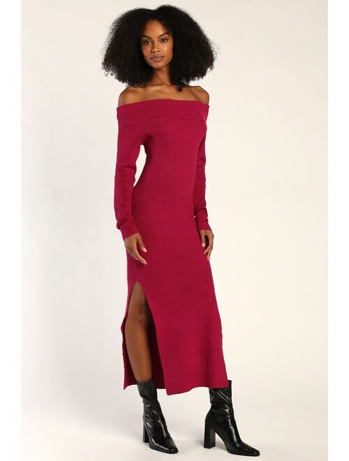 Lulus Good For Me Magenta Ribbed Off-The-Shoulder Maxi Sweater Dress