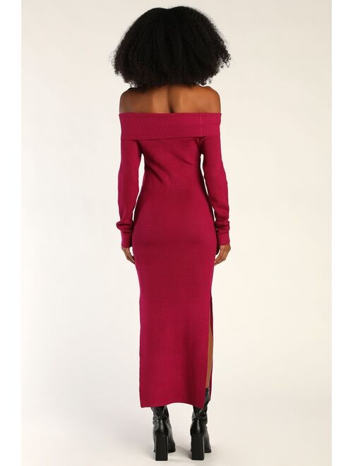Lulus Good For Me Magenta Ribbed Off-The-Shoulder Maxi Sweater Dress