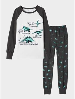 Boys Letter & Dinosaur Print Contrast Raglan Sleeve Top & Pants Snug Fit PJ Set