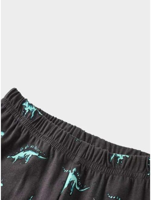 Shein Boys Letter & Dinosaur Print Contrast Raglan Sleeve Top & Pants Snug Fit PJ Set