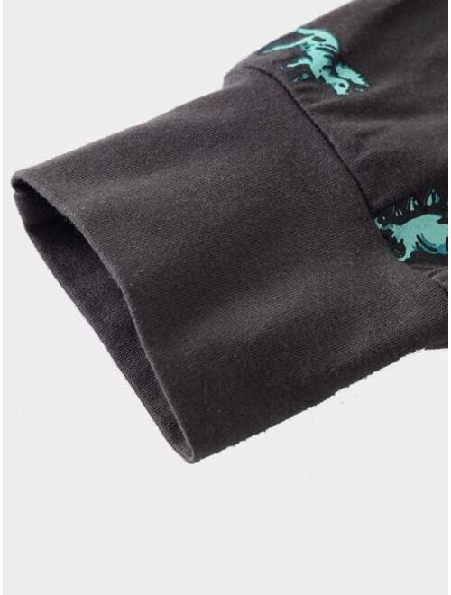 Shein Boys Letter & Dinosaur Print Contrast Raglan Sleeve Top & Pants Snug Fit PJ Set