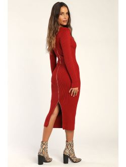 Everyday Beauty Rust Red Long Sleeve Ribbed Knit Sweater Dress