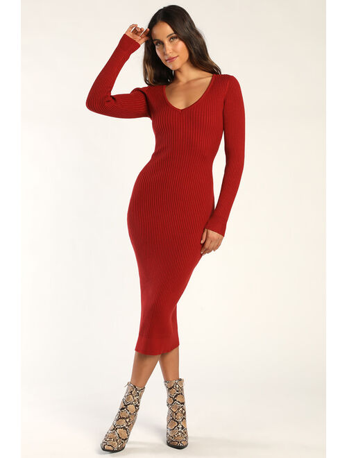 Lulus Everyday Beauty Rust Red Long Sleeve Ribbed Knit Sweater Dress