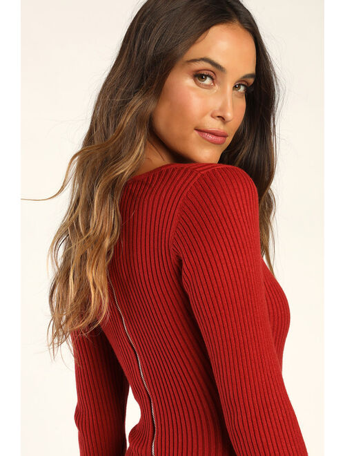 Lulus Everyday Beauty Rust Red Long Sleeve Ribbed Knit Sweater Dress