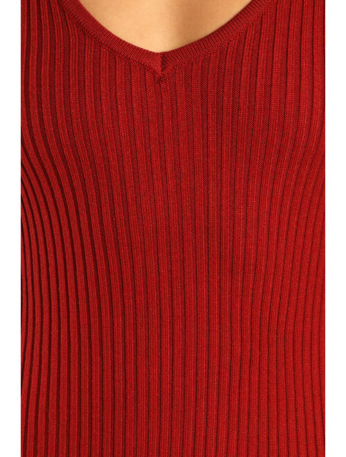 Lulus Everyday Beauty Rust Red Long Sleeve Ribbed Knit Sweater Dress