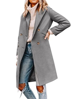Yousify Womens Notched Lapel Collar Double Breasted Pea Coat Winter Wool Blend Over Coats Long Jackets