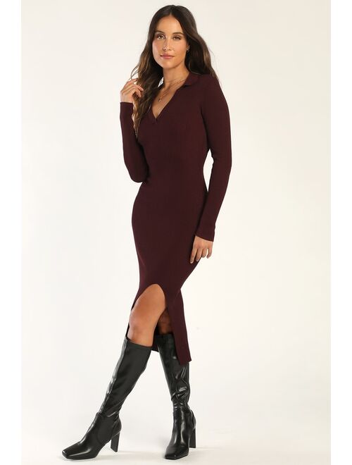 Lulus We're Sweater Together Brown Ribbed Knit Collared Midi Dress