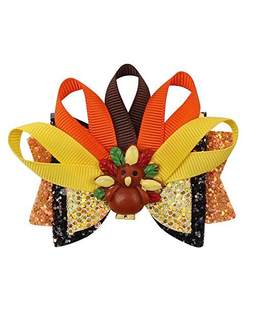 Dinprey Thanksgiving Hair Bow Clip Toddler Girls Turkey Glitter Bow Hairpins Holiday Hair Accessories for Autumn Fall Festival Thanksgiving Day (Turkey D)