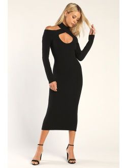 Sultry Saturdays Black Long Sleeve Cutout Midi Sweater Dress