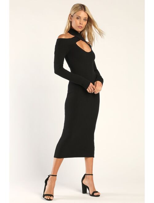 Lulus Sultry Saturdays Black Long Sleeve Cutout Midi Sweater Dress