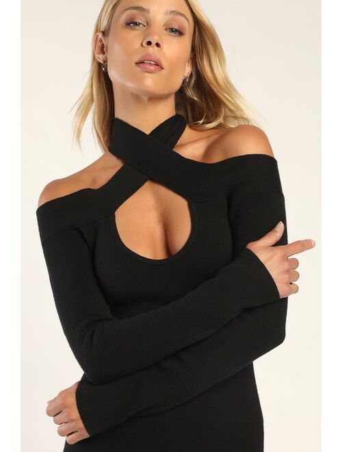 Lulus Sultry Saturdays Black Long Sleeve Cutout Midi Sweater Dress