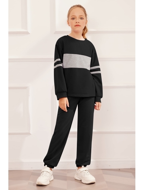 Yimoroe 2 Piece Girl's Tracksuit Sweatsuits Color Block Sweatshirts Sweatpants Activewear Pant Set