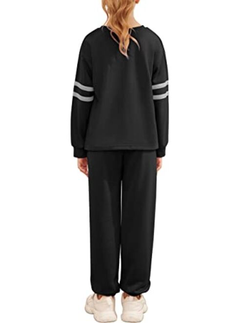 Yimoroe 2 Piece Girl's Tracksuit Sweatsuits Color Block Sweatshirts Sweatpants Activewear Pant Set