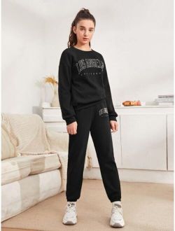 Teen Girls Letter Graphic Pullover & Sweatpants Set