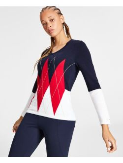 Women's Cotton Colorblocked Argyle Sweater