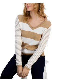 Women's V-Neck Rugby Striped Sweater