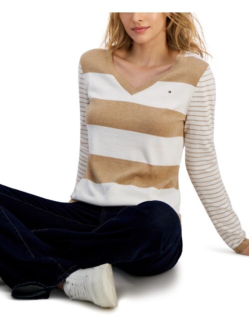 TOMMY HILFIGER Women's V-Neck Rugby Striped Sweater