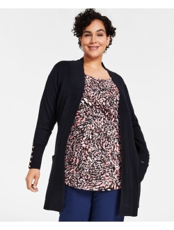 JM COLLECTION Plus Size Button-Sleeve Flyaway Cardigan Sweater, Created for Macy's
