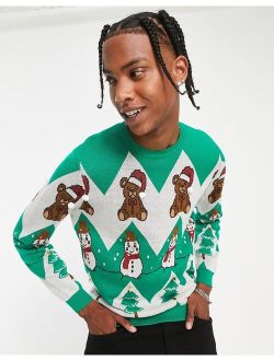 fluffy knit Chrismas sweater with teddy & snowman design