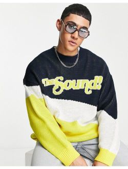 knit crew neck sweater with 'The Sound' text in navy
