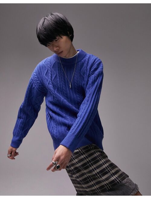 Topman heavyweight cable knit sweater in cobalt blue